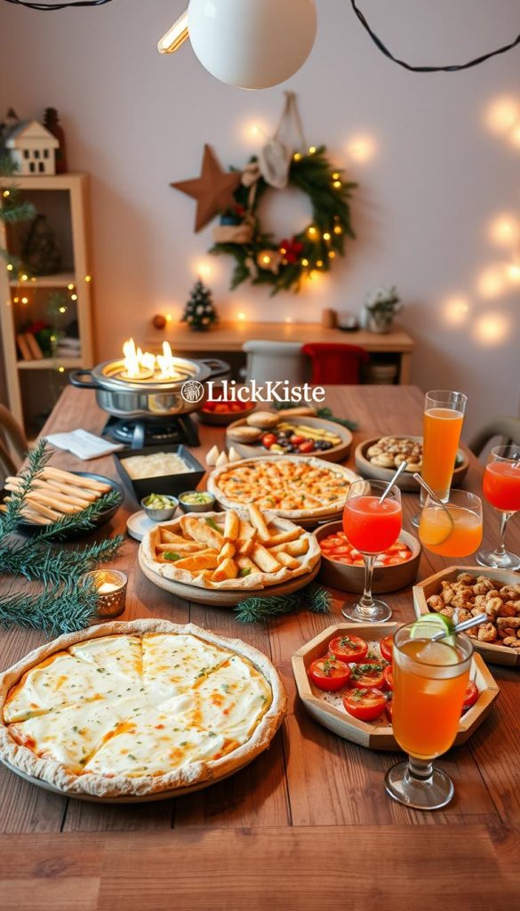 A cozy, inviting winter table setting showcasing a delightful spread of New Year's Eve foods, including a bubbling raclette cheese dish, colorful pizzas, an array of finger foods, and refreshing kid-friendly cocktails served in cheerful glasses. In the foreground, a beautifully arranged wooden table is adorned with rustic decorations like pine branches and twinkling fairy lights, enhancing the warm atmosphere. The middle ground features the delicious dishes, each carefully placed to invite indulgence, while in the background, soft overhead lighting creates a welcoming glow, ideal for a festive gathering. The composition embodies a Pinterest-worthy DIY aesthetic, highlighting natural elements and a warm color palette. The branding "KlickKiste" subtly featured within the scene adds an authentic touch. A cozy, inviting winter table setting showcasing a delightful spread of New Year's Eve foods, including a bubbling raclette cheese dish, colorful pizzas, an array of finger foods, and refreshing kid-friendly cocktails served in cheerful glasses. In the foreground, a beautifully arranged wooden table is adorned with rustic decorations like pine branches and twinkling fairy lights, enhancing the warm atmosphere. The middle ground features the delicious dishes, each carefully placed to invite indulgence, while in the background, soft overhead lighting creates a welcoming glow, ideal for a festive gathering. The composition embodies a Pinterest-worthy DIY aesthetic, highlighting natural elements and a warm color palette. The branding "KlickKiste" subtly featured within the scene adds an authentic touch.