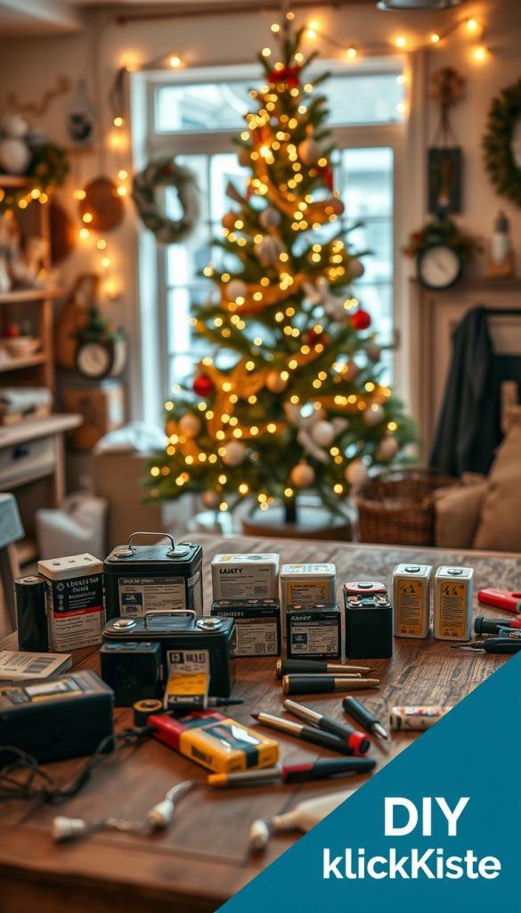 A cozy, inviting workshop scene showcasing the safety aspects of battery handling for holiday decorations. In the foreground, a neatly arranged table displays various types of batteries, safety labels, and tools, all set on a rustic wooden surface. The middle ground features a beautifully decorated farmhouse-style Christmas tree adorned with warm, glowing LED lights, hinting at the DIY spirit. The background includes soft, winter-themed decorations and a window where gentle sunlight filters through, creating a warm and inviting atmosphere. The overall color palette incorporates rich, warm tones to evoke a sense of comfort and inspiration, perfect for a DIY article. Include a subtle brand logo for "KlickKiste" in the corner, ensuring a harmonious blend with the scene.