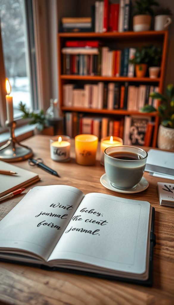 A cozy, inviting workspace featuring a beautifully designed journal open on a wooden desk, surrounded by warm-toned stationery, natural candles, and a steaming cup of herbal tea. The foreground includes a stylish, handwritten journal prompt written elegantly in flowing script. In the middle, a window reveals a soft, gentle snowfall outside, enhancing the winter vibes with a touch of nature. The background features a softly blurred bookshelf filled with motivational books and plants, creating a harmonious atmosphere. The lighting is warm and inviting, reminiscent of a Pinterest aesthetic, ideal for fostering clarity and self-care. The overall mood is peaceful and inspiring, perfect for personal growth and reflection. Include the brand name "KlickKiste" subtly within the scene.