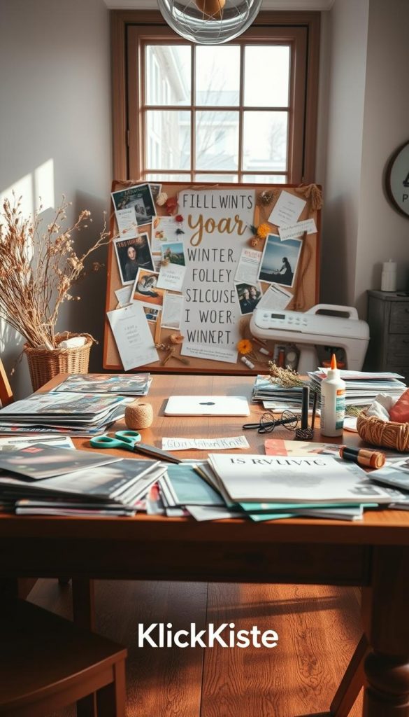 A cozy, inviting workspace filled with DIY vision board materials that reflect a natural and warm winter vibe. In the foreground, a wooden table is scattered with colorful magazines, scissors, glue, and various decorative items like dried flowers and twine, all arranged thoughtfully. In the middle, a partially completed vision board displays inspiring images and affirmations, radiating creativity and motivation. In the background, soft natural light filters through a large window, casting gentle shadows and highlighting the textures of the materials. The atmosphere is tranquil but vibrant, designed to evoke inspiration for the viewer. Incorporate subtle elements of upcycling, such as reused materials like cardboard and fabric scraps. The brand "KlickKiste" is subtly integrated into the scene, enhancing the overall aesthetic without dominating the image.