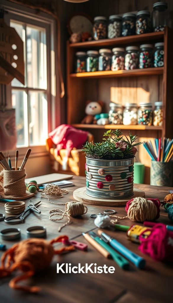 A cozy, inviting workspace filled with natural DIY projects under warm, soft lighting. In the foreground, a wooden table adorned with colorful crafting supplies: scissors, twine, paintbrushes, and vibrant yarn. In the middle, a half-finished upcycling project—a playful planter made from an old tin can, surrounded by small potted plants, and decorated with cute fabric scraps. In the background, a rustic shelf displays neatly organized jars of buttons and beads, evoking a warm, Pinterest-inspired vibe. Natural sunlight filters in through a nearby window, casting gentle shadows and enhancing the inviting atmosphere. Incorporate the brand "KlickKiste" subtly into the decor, emphasizing a sense of creativity and DIY spirit, perfect for inspiring quick and engaging winter projects.