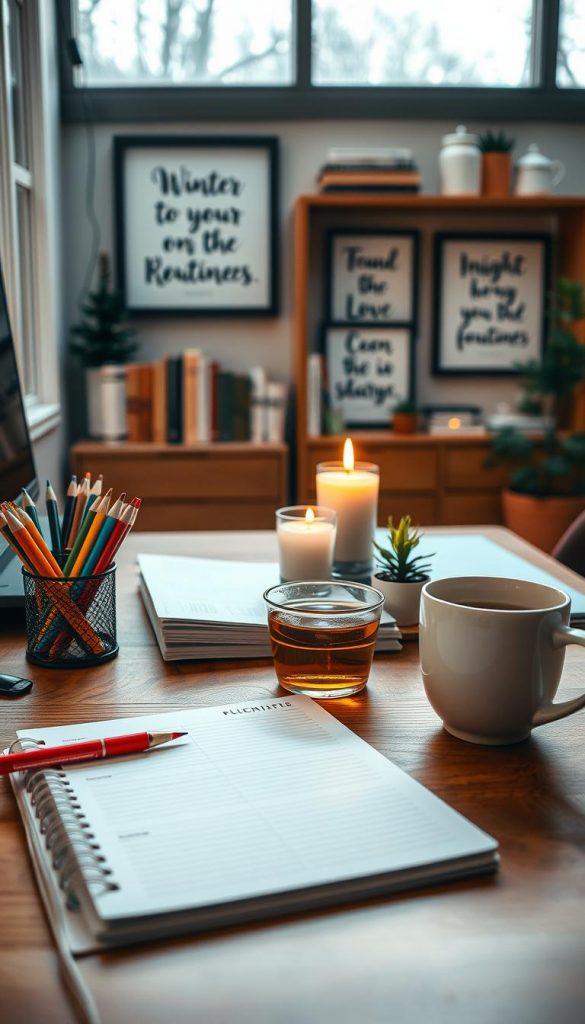 A cozy, inviting workspace filled with natural light, showcasing a beautifully arranged desk with wooden textures, warm colors, and winter vibes. The foreground features a neatly organized planner with colorful pens and a cup of herbal tea, symbolizing self-care. In the middle, include a few small indoor plants and a candle, creating a serene atmosphere. The background should hint at a softly lit bookshelf with winter-themed decor and inspirational quotes framed on the wall. Capture the scene with a warm, soft focus, as if viewed with a 50mm lens, enhancing the comforting mood. The overall composition should feel authentic and inspiring, reflecting the themes of planning and routines in daily life, branded subtly with "KlickKiste."