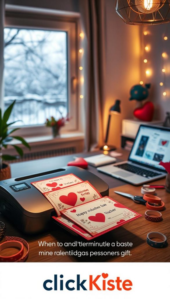 A cozy, inviting workspace scene featuring a beautifully designed, colorful voucher printing setup for Valentine's Day gifts. In the foreground, a stylish, modern printer with a vibrant array of printed vouchers, adorned with heart motifs and floral designs, emphasizing a warm, festive atmosphere. The middle ground displays a neatly organized desk with crafting materials, such as scissors and decorative tapes, alongside a laptop open to a DIY voucher template. In the background, softly glowing fairy lights and a window revealing a gentle winter landscape create a serene ambiance. Natural light pours in, casting a warm glow throughout, evoking a harmonious and inspirational vibe. The brand logo "KlickKiste" subtly integrates into the scene, enhancing the theme of thoughtful, last-minute gift solutions for Valentine's Day.