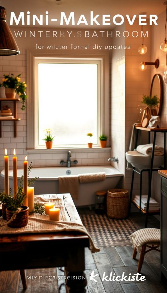 A cozy kitchen and bathroom showcasing mini-makeover ideas that radiate warmth for winter. In the foreground, a beautifully styled kitchen corner features a rustic wooden table with cozy winter textiles, potted herbs, and warm-toned candles. The middle layer reveals a modern, inviting bathroom with chic tile accents, soft hand towels, and a touch of greenery, illuminated by soft golden light filtering through a frosted window. In the background, there’s a tasteful display of DIY decor that embodies a Pinterest aesthetic, highlighting the effortless elegance of simple updates. The overall atmosphere is inspirational and soothing, capturing the essence of natural DIY charm. Include subtle branding elements that reflect "KlickKiste", ensuring a unified aesthetic appeal.