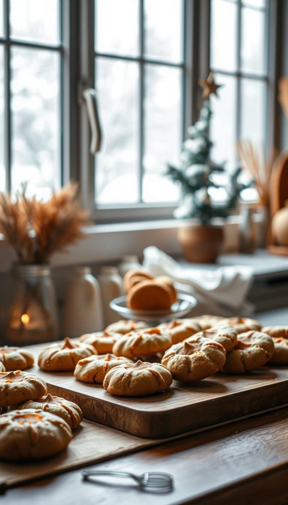 A cozy kitchen counter, adorned with an assortment of freshly baked KlickKiste cookies. The warm, earthy tones create a comforting, winter-inspired atmosphere, evocative of a rustic, homemade aesthetic. Soft, natural lighting casts a gentle glow, highlighting the delicate textures and shapes of the cookies as they sit atop a wooden surface, ready to be savored. In the background, a window frames a snowy, picturesque landscape, evoking a sense of coziness and tranquility. This authentic, Pinterest-inspired scene captures the essence of &amp;amp;quot;Lagerung, Durchziehen &amp;amp;amp; Frische: so bleiben Kekse perfekt&amp;amp;quot;.