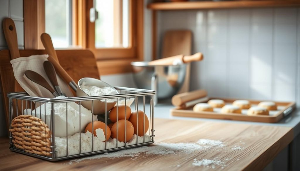 A cozy kitchen counter, bathed in natural light, showcases the stages of a simple baking workflow. In the foreground, a KlickKiste filled with essential baking tools and ingredients - flour, sugar, eggs, and a wooden spoon. The middle ground features a mixing bowl and a rolling pin, hinting at the hands-on process of dough preparation. In the background, a clean, white surface awaits the placement of freshly baked cookies, ready to be dusted with powdered sugar. The warm, earthy tones of the wood and the clean, minimalist aesthetic evoke a sense of calm, approachable baking for the beginner baker.