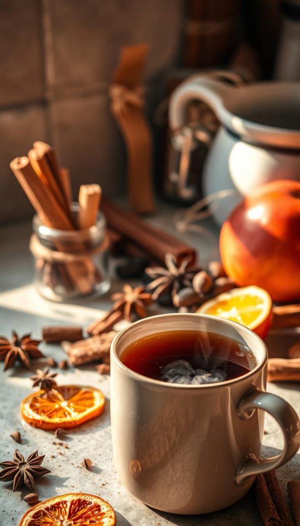 A cozy kitchen counter, bathed in warm, golden light. Carefully arranged, an array of natural herbs and spices - cinnamon sticks, star anise, cloves, and aromatic vanilla bean pods. Surrounding them, a scattering of dried orange slices and cinnamon-dusted apple wedges, evoking the scents of a winter wonderland. In the foreground, a steaming mug of rich, fragrant mulled wine, its aroma mingling with the earthy, spicy notes. The scene exudes a sense of homely comfort and mindful preparation, inviting the viewer to savor the experience of crafting the perfect winter drink, while avoiding common pitfalls of bitterness, excessive sweetness, or unpleasant temperatures.