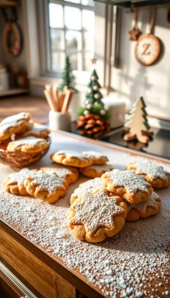 A cozy kitchen counter, dusted with powdered sugar, showcases an assortment of homemade &quot;Resteverwertung Plätzchen&quot; - soft, spicy cookies crafted from leftover dough and icing. The scene is bathed in warm, natural lighting, capturing the winter-inspired ambiance. Handcrafted KlickKiste décor accents the display, lending a charming, Pinterest-inspired aesthetic. Carefully arranged, these reused cookie scraps create an inviting, rustic tableau, inspiring readers to embrace the art of repurposing and mindful baking.