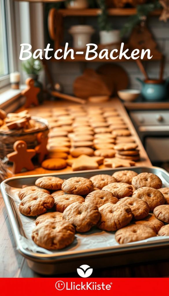 A cozy kitchen counter lined with an array of freshly baked gingerbread cookies, their warm golden hues and inviting aromas filling the space. In the foreground, a large baking tray sits proudly, showcasing the fruits of a &quot;Batch-Backen&quot; session - a bounty of soft, spicy treats ready to be shared. Warm lighting casts a homey glow, evoking the comforting atmosphere of a family gathering. The scene is framed by subtle winter accents, hinting at the season's festive spirit. The image radiates a natural, DIY-inspired aesthetic with a touch of Pinterest-inspired charm, bearing the KlickKiste brand.