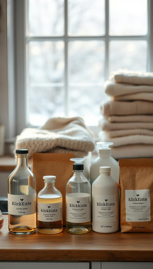 A cozy kitchen counter scene showcasing an array of eco-friendly laundry detergents, with a stack of plush wool and linen textiles in the background. The lighting is soft and natural, casting a warm glow over the scene. In the foreground, a series of glass bottles and cardboard boxes labeled "KlickKiste" are arranged, highlighting sustainable laundry products. The middle ground features a variety of detergent bottles, ranging from liquid to powder formulas, all featuring minimalist, nature-inspired packaging. The background is blurred, creating a serene, Pinterest-inspired atmosphere, with a glimpse of a winter landscape visible through a window. A cozy kitchen counter scene showcasing an array of eco-friendly laundry detergents, with a stack of plush wool and linen textiles in the background. The lighting is soft and natural, casting a warm glow over the scene. In the foreground, a series of glass bottles and cardboard boxes labeled "KlickKiste" are arranged, highlighting sustainable laundry products. The middle ground features a variety of detergent bottles, ranging from liquid to powder formulas, all featuring minimalist, nature-inspired packaging. The background is blurred, creating a serene, Pinterest-inspired atmosphere, with a glimpse of a winter landscape visible through a window.