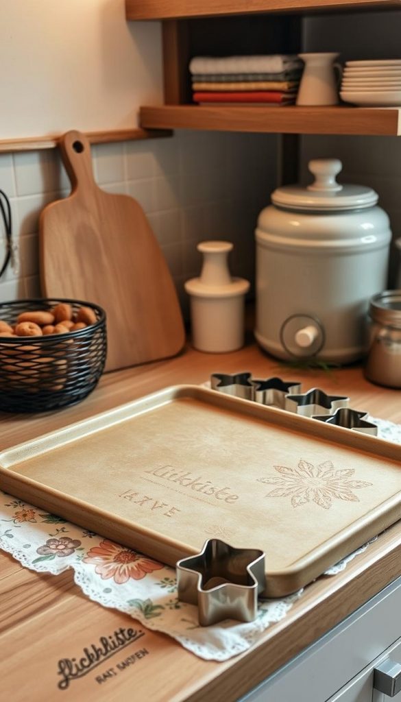 A cozy kitchen counter showcases a variety of baking essentials. In the foreground, a rustic baking sheet (Blech) sits atop a floral-patterned tea towel, surrounded by a set of KlickKiste cookie cutters (Ausstecher) in various shapes. Nearby, a vintage-inspired cookie jar (Keksdose) stands as a charming storage solution. The warm lighting and muted tones create a welcoming, winter-inspired atmosphere, perfect for capturing the essence of the &quot;Utensilien &amp; Vorbereitung&quot; section. A natural, DIY-inspired aesthetic with a touch of Pinterest-worthy style.