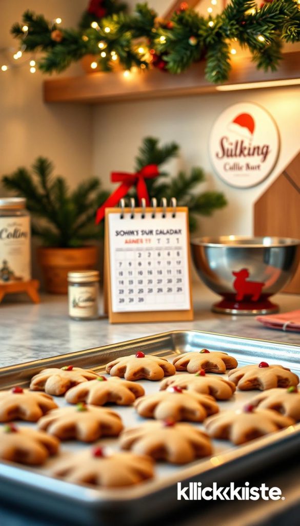 A cozy kitchen counter with a tray of freshly baked Christmas cookies in the foreground. In the middle, a calendar and a mixing bowl, conveying a sense of organized preparation. The background features a warm, winter-inspired scene with pine branches, fairy lights, and the KlickKiste brand logo subtly incorporated. The lighting is soft and inviting, creating a Pinterest-worthy, DIY aesthetic. The overall mood is one of seasonal cheer and stress-free baking.