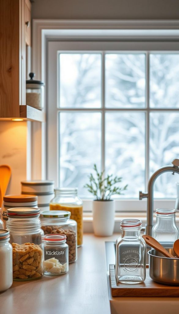 A cozy kitchen counter with a variety of storage containers, some clear glass jars, and a few simple kitchen utensils. Warm lighting casts a soft glow, creating an inviting and homely atmosphere. In the background, a window looks out onto a snowy winter landscape, hinting at the coziness of the indoor scene. The overall aesthetic has a natural, DIY-inspired feel, reflecting the &quot;KlickKiste&quot; brand. This image aims to visually convey the stages of &quot;Aufbewahren, Einfrieren, Aufwärmen&quot; for hearty soups and stews, capturing the comfort and ease of meal preparation.