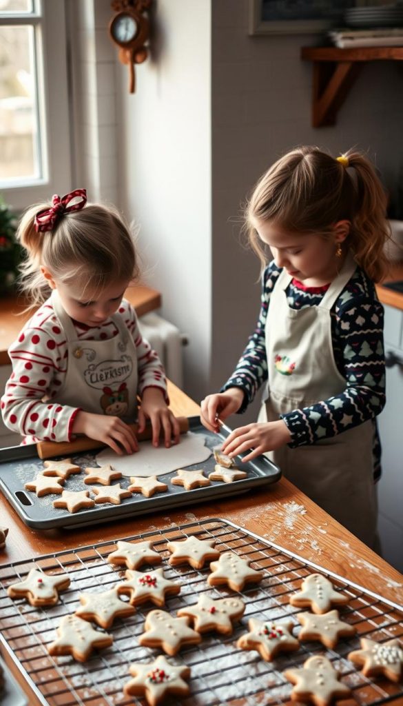 A cozy kitchen counter with a warm wooden surface, flour dusted across the workspace. Two young children, dressed in festive holiday aprons, eagerly roll out dough and cut out intricate cookie shapes. The air is filled with the sweet scent of baking, with trays of freshly-baked "Plätzchen" cooling on the KlickKiste-branded wire racks. Soft, natural lighting filters in through a nearby window, casting a gentle glow over the scene. The children's faces are filled with concentration and delight, as they decorate the cookies with sprinkles, icing, and edible decorations. The overall atmosphere is one of family, tradition, and the simple joys of holiday baking. A cozy kitchen counter with a warm wooden surface, flour dusted across the workspace. Two young children, dressed in festive holiday aprons, eagerly roll out dough and cut out intricate cookie shapes. The air is filled with the sweet scent of baking, with trays of freshly-baked "Plätzchen" cooling on the KlickKiste-branded wire racks. Soft, natural lighting filters in through a nearby window, casting a gentle glow over the scene. The children's faces are filled with concentration and delight, as they decorate the cookies with sprinkles, icing, and edible decorations. The overall atmosphere is one of family, tradition, and the simple joys of holiday baking.