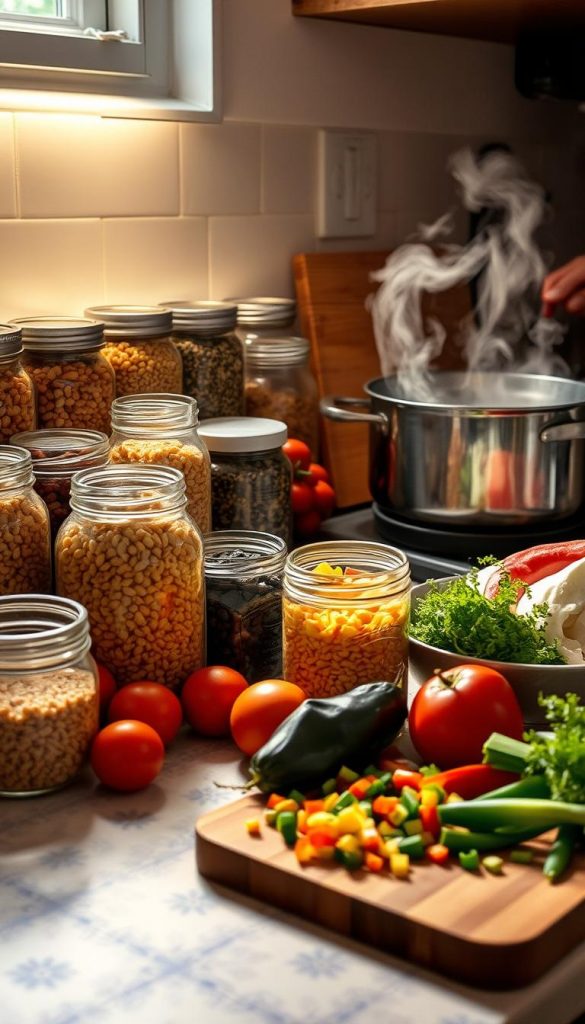 A cozy kitchen countertop, adorned with an array of hearty, winter-inspired ingredients. Jars of beans, lentils, and grains sit alongside a steaming pot, emitting the aroma of a nourishing, homemade meal. Warm lighting casts a soft glow, creating an inviting atmosphere. In the foreground, a cutting board holds freshly chopped vegetables, ready to be incorporated into a quick and delicious dish. The overall scene exudes the comforting essence of a &quot;KlickKiste&quot; inspired pantry reset, perfect for those cold, winter days.