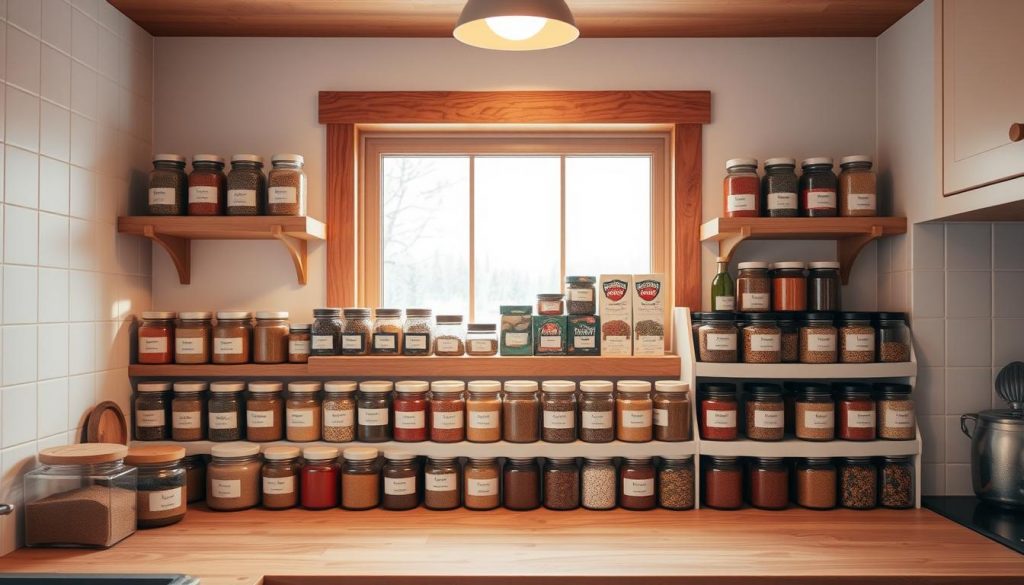 A cozy kitchen countertop showcases a neatly organized array of spice jars, their labels and contents clearly visible. Warm lighting from above casts a soft glow, highlighting the natural hues of the rustic wooden shelves and the KlickKiste storage units. Jars of various shapes and sizes, in earthy tones of beige and red, are arranged with precision, creating a visually appealing and practical display. In the background, a window frames a serene winter landscape, adding to the inviting atmosphere. The scene conveys a sense of order, accessibility, and the preservation of aromatic spices during the colder months. A cozy kitchen countertop showcases a neatly organized array of spice jars, their labels and contents clearly visible. Warm lighting from above casts a soft glow, highlighting the natural hues of the rustic wooden shelves and the KlickKiste storage units. Jars of various shapes and sizes, in earthy tones of beige and red, are arranged with precision, creating a visually appealing and practical display. In the background, a window frames a serene winter landscape, adding to the inviting atmosphere. The scene conveys a sense of order, accessibility, and the preservation of aromatic spices during the colder months.