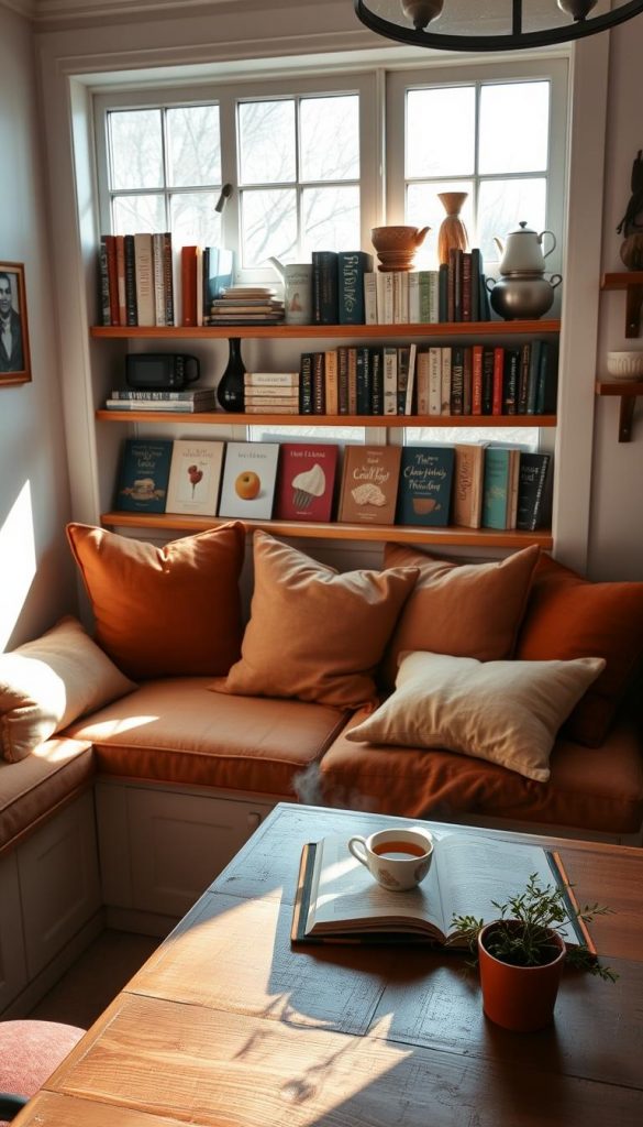 A cozy kitchen featuring a charming banquette window seat, adorned with plush cushions in warm, inviting colors. In the foreground, the banquette is filled with soft throw pillows, creating a perfect reading nook. The middle of the scene showcases an open cookbook on a rustic wooden table, accompanied by a steaming cup of tea, with small potted herbs nearby for a touch of greenery. In the background, quaint shelves display an assortment of cookbooks and decorative kitchenware, bathed in soft, natural lighting filtering through the window, casting gentle shadows. The atmosphere is warm and inviting, reminiscent of winter vibes, ideal for a peaceful reading corner. This scene embodies an authentic and inspiring Pinterest look, perfect for showcasing the brand "KlickKiste."