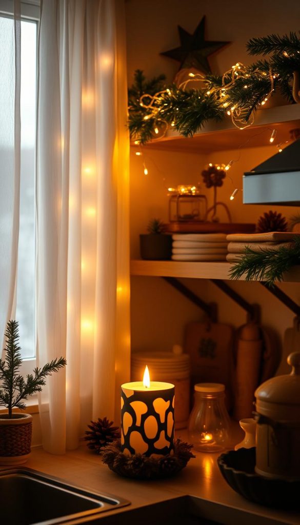 A cozy kitchen in the heart of a winter wonderland. Soft, golden light filters through sheer curtains, casting a warm glow on the festive décor. Clusters of twinkling fairy lights adorn the shelves, their gentle radiance complementing the earthy tones of wooden accents and natural materials. In the center, a handcrafted candle holder casts dancing shadows, its flame flickering invitingly. The overall atmosphere is one of hygge, a sense of comfort and contentment that beckons the viewer to linger and soak in the tranquil ambiance. The scene evokes feelings of nostalgia and the simple joys of the holiday season, creating a harmonious and inviting kitchen space. A cozy kitchen in the heart of a winter wonderland. Soft, golden light filters through sheer curtains, casting a warm glow on the festive décor. Clusters of twinkling fairy lights adorn the shelves, their gentle radiance complementing the earthy tones of wooden accents and natural materials. In the center, a handcrafted candle holder casts dancing shadows, its flame flickering invitingly. The overall atmosphere is one of hygge, a sense of comfort and contentment that beckons the viewer to linger and soak in the tranquil ambiance. The scene evokes feelings of nostalgia and the simple joys of the holiday season, creating a harmonious and inviting kitchen space.