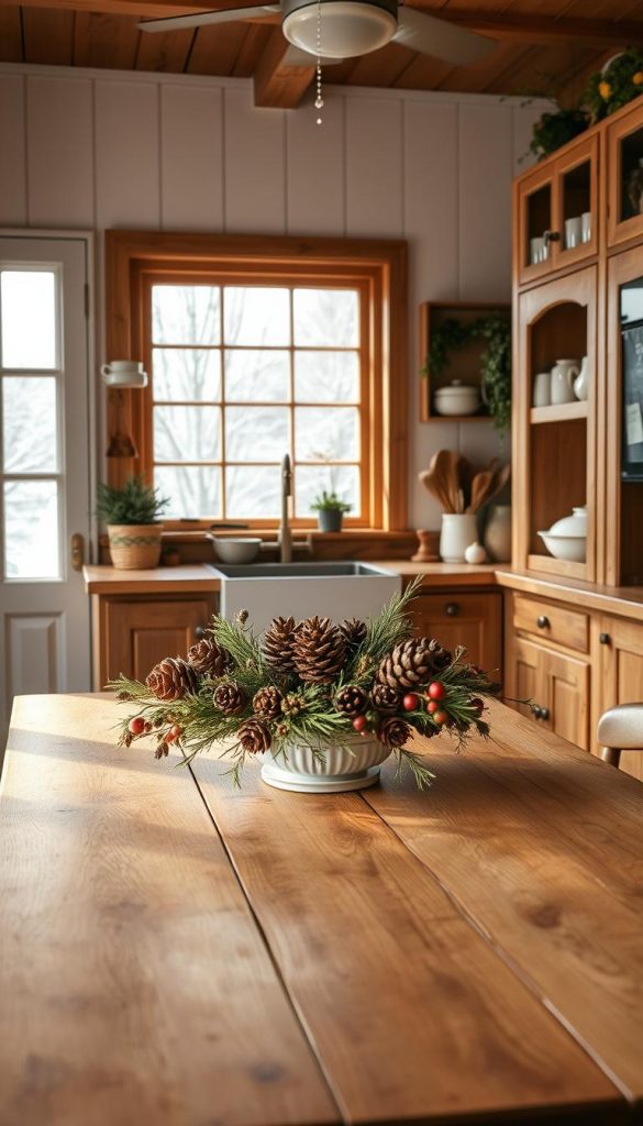 A cozy kitchen interior with a warm, rustic charm. The room is flooded with soft, natural light, casting a gentle glow over the natural wood tones and earthy color palette. In the foreground, a wooden table is adorned with a handmade KlickKiste centerpiece, brimming with pinecones, dried berries, and a touch of greenery. Complementing the table, vintage-inspired cabinets and shelves display a mix of earthenware, ceramic mugs, and a few potted plants. The middle ground features a large, inviting window that overlooks a snowy winter landscape, creating a charming, Pinterest-inspired atmosphere. The overall scene exudes a sense of coziness, authenticity, and seasonal inspiration.