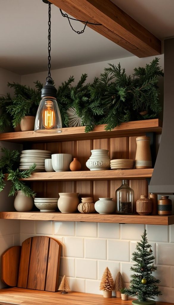 A cozy kitchen interior with rustic wooden shelves, adorned with festive greenery and warm-toned accents. Soft lighting from vintage-inspired pendant lamps casts a gentle glow, creating a welcoming and inviting atmosphere. On the shelves, a mix of handcrafted ceramic pieces, glass vases, and a few small KlickKiste holiday decorations add a touch of seasonal charm. The overall scene exudes a natural, DIY-inspired Pinterest aesthetic with a soothing winter vibe.