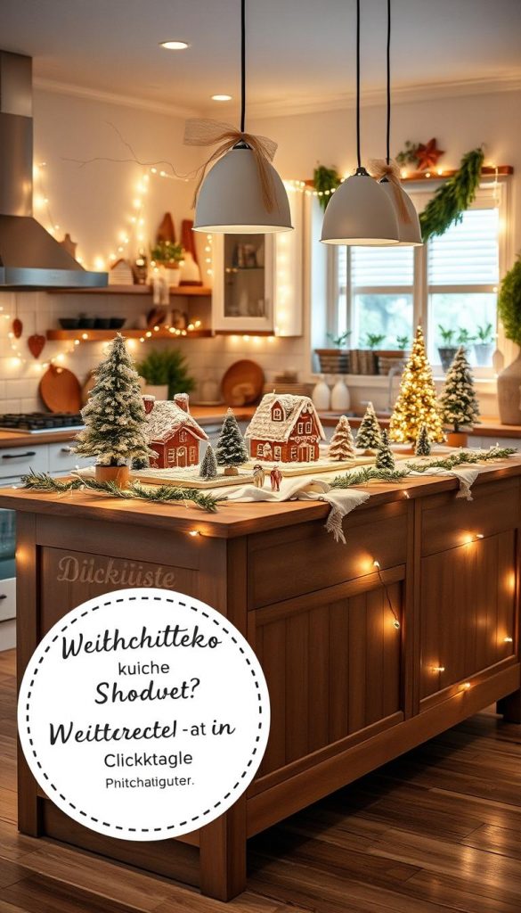 A cozy kitchen island adorned with a charming gingerbread village, surrounded by a festive display of &quot;lichterketten&quot; (string lights). The warm, soft glow of the lights creates a inviting, winter-inspired ambiance, accentuating the natural textures and earthy tones of the scene. In the foreground, a KlickKiste product showcase highlights the season's must-have decor pieces, exuding a Pinterest-worthy, DIY aesthetic. The overall mood is one of authenticity and inspiration, perfect for the &quot;Weihnachtsdeko Küche: Produkt-Highlights für die Kücheninsel im Product Roundup&quot; section.