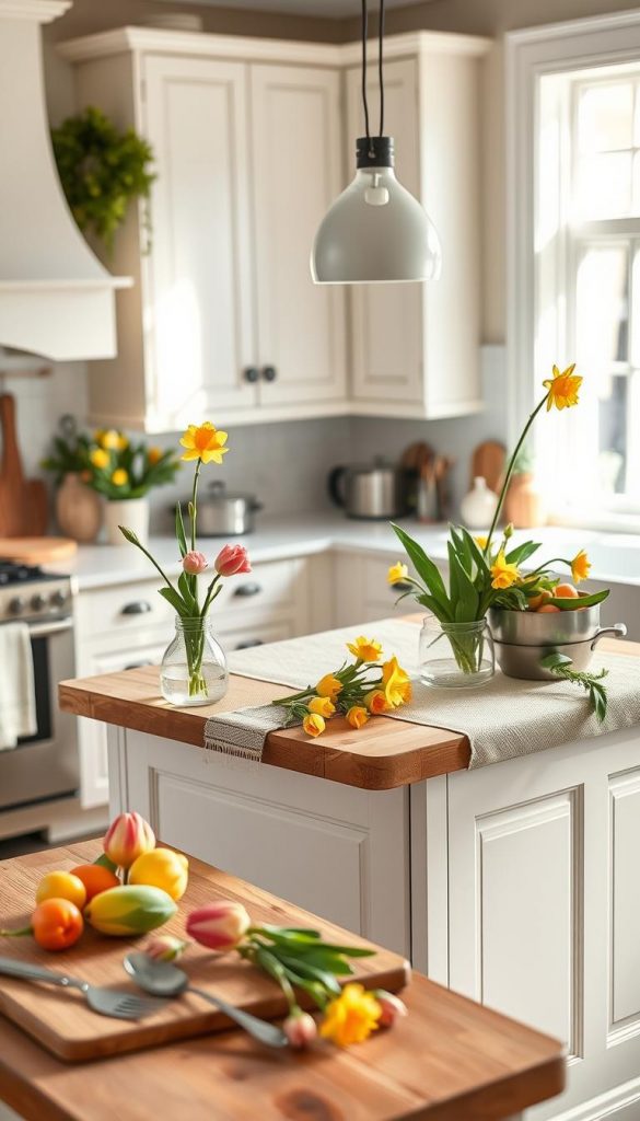 A cozy kitchen island vignette styled with natural DIY decor, featuring a central island adorned with fresh spring flowers in vibrant colors, like tulips and daffodils. The foreground showcases a wooden cutting board with seasonal fruits, while elegant utensils are neatly arranged. In the middle, the island is complemented by a soft, textured runner and stylish cookware. The background reveals light, airy cabinets painted in pastel hues, emphasizing a bright and cheerful atmosphere. Soft, natural lighting filters through a nearby window, casting warm reflections throughout the scene. The lens captures a slightly angled view that showcases the island's inviting essence, embodying a Pinterest-perfect look. The design is authentic and inspiring, ideal for showcasing modern spring kitchen styling ideas from KlickKiste.