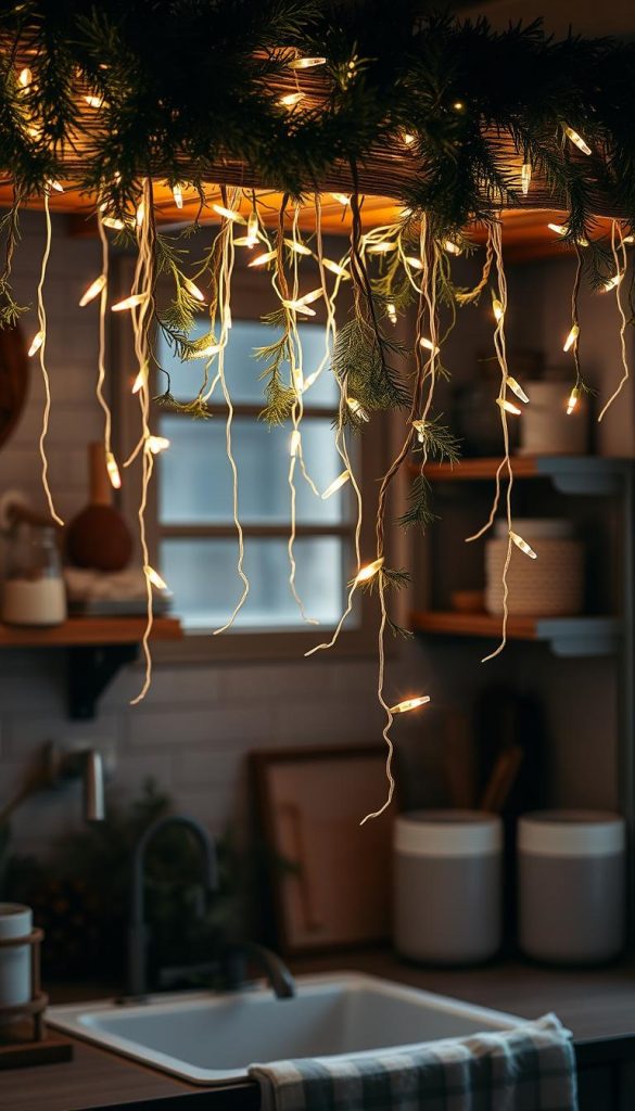 A cozy kitchen nook adorned with delicate string lights, their warm glow casting a soft, inviting ambiance. Meticulously arranged, the lights cascade from above, intertwined with natural greenery, creating a captivating, rustic-chic display. Subtle shadows and highlights accentuate the tactile textures of the wood and fabric elements, emanating a sense of hygge. The lighting's gentle luminescence illuminates the space, evoking a serene, winter-inspired mood perfect for a festive and functional kitchen setting. Compositionally balanced, the image presents a harmonious blend of form and function, showcasing a visually appealing and inspirational decor solution. A cozy kitchen nook adorned with delicate string lights, their warm glow casting a soft, inviting ambiance. Meticulously arranged, the lights cascade from above, intertwined with natural greenery, creating a captivating, rustic-chic display. Subtle shadows and highlights accentuate the tactile textures of the wood and fabric elements, emanating a sense of hygge. The lighting's gentle luminescence illuminates the space, evoking a serene, winter-inspired mood perfect for a festive and functional kitchen setting. Compositionally balanced, the image presents a harmonious blend of form and function, showcasing a visually appealing and inspirational decor solution.
