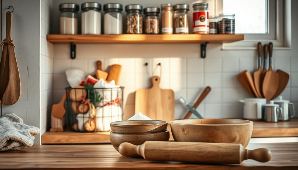 A cozy kitchen nook, bathed in warm, natural light. On a wooden countertop, a vintage-inspired "Backschublade" filled with baking supplies - flour, sugar, and an assortment of festive cookie cutters. In the foreground, a set of rustic wooden bowls and a rolling pin sit ready for the upcoming "Plätzchenzeit". Shelves above display a "KlickKiste" storage system, neatly organizing spices and dried goods. The scene exudes a sense of homey, winter baking bliss, inviting the viewer to imagine the delicious aromas and the satisfaction of a well-organized, productive kitchen. A cozy kitchen nook, bathed in warm, natural light. On a wooden countertop, a vintage-inspired "Backschublade" filled with baking supplies - flour, sugar, and an assortment of festive cookie cutters. In the foreground, a set of rustic wooden bowls and a rolling pin sit ready for the upcoming "Plätzchenzeit". Shelves above display a "KlickKiste" storage system, neatly organizing spices and dried goods. The scene exudes a sense of homey, winter baking bliss, inviting the viewer to imagine the delicious aromas and the satisfaction of a well-organized, productive kitchen.