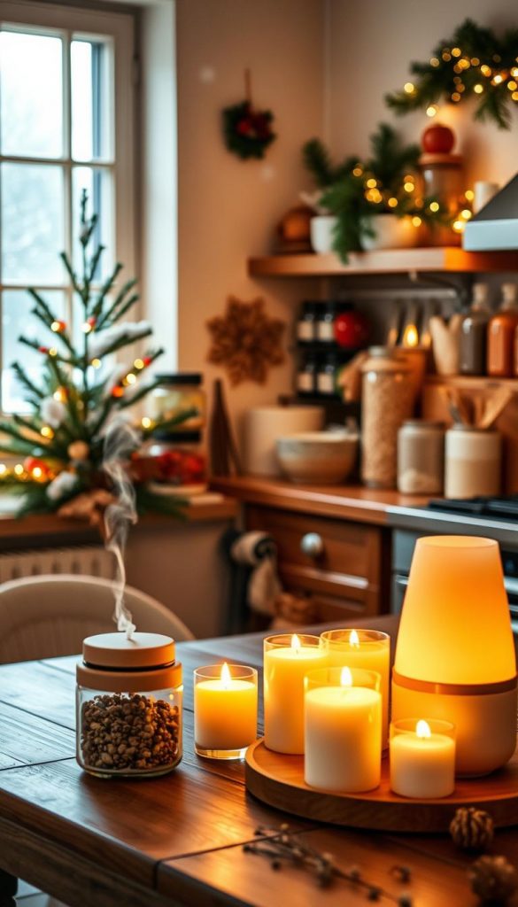 A cozy kitchen scene adorned with simple yet elegant Christmas decorations, featuring warm, glowing candles on a wooden table, along with aromatic diffusers emitting gentle wisps of essential oils. In the foreground, a beautifully arranged spice wall displays jars of colorful spices, signifying a blend of scents. The middle-ground showcases a rustic kitchen setting, with soft ambient lighting that creates a warm and inviting atmosphere. The background reveals a window with snow gently falling outside, enhancing the winter vibes. Use a warm color palette to evoke a sense of comfort and inspiration, characteristic of a Pinterest aesthetic. The overall mood is cozy, tranquil, and perfect for DIY enthusiasts. Brand: KlickKiste.