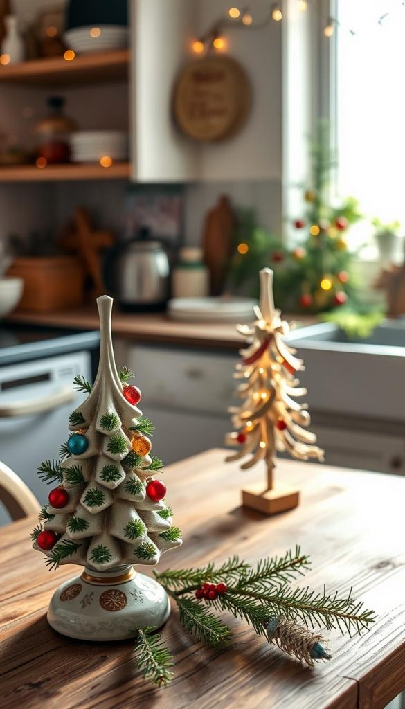 A cozy kitchen scene adorned with small, charming Christmas trees made of ceramic and glass, perfect for limited spaces. In the foreground, a beautifully crafted ceramic Christmas tree with intricate patterns sits on a rustic wooden table, surrounded by sprigs of pine and festive ornaments. In the middle ground, a glass Christmas tree catches the light, reflecting colorful hues, while a DIY decoration made from twigs and ribbons leans against a kitchen shelf. Natural warm lighting creates a soft winter vibe, accentuating the inviting atmosphere. In the background, hints of holiday decor, such as garlands and subtle twinkling lights, enhance the scene. The overall mood is authentic and inspiring, embodying a Pinterest aesthetic. Include a subtle mention of the brand "KlickKiste" in the decoration style.