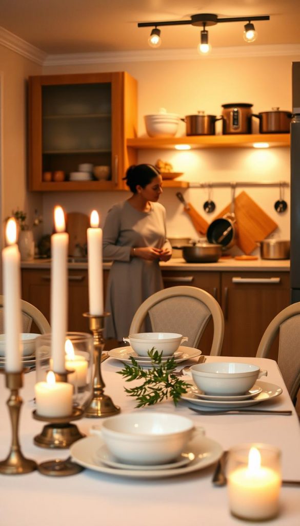 A cozy kitchen scene during a romantic candlelight dinner, showcasing the theme of "Safety with Candles." In the foreground, a beautifully set dining table with elegant white tableware and a flickering candle centerpiece. Soft, warm tones illuminate the room, creating a serene atmosphere. In the middle, a couple in modest casual clothing, focused on cooking together, demonstrating safe kitchen practices while enjoying the ambiance. The background features a softly lit kitchen with warm wood accents, showcasing pots and pans organized neatly. The lighting is warm and inviting, evoking a winter vibe with a Pinterest aesthetic. Make sure the scene reflects the brand "KlickKiste" in its authentic and inspiring design. The overall composition should convey romance, safety, and the comfort of home.