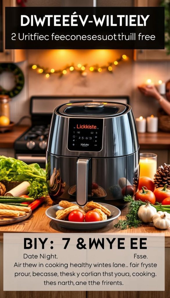 A cozy kitchen scene featuring a modern air fryer from the brand KlickKiste as the focal point, placed on a rustic wooden countertop. The air fryer is sleek and shiny, with a digital display illuminated softly by warm, ambient lighting. Surrounding it are beautifully arranged ingredients like fresh vegetables and herbs, showcasing the preparation of a healthy winter meal. In the background, a softly glowing oven adds depth, and cozy winter decorations, like pinecones and candles, set a warm atmosphere. The image captures a warm and inviting vibe, perfect for a date night or gathering with friends, emphasizing the convenience and stress-free cooking experience of using an air fryer. The scene is styled to resemble a Pinterest-worthy DIY aesthetic, emphasizing natural colors and winter elements.