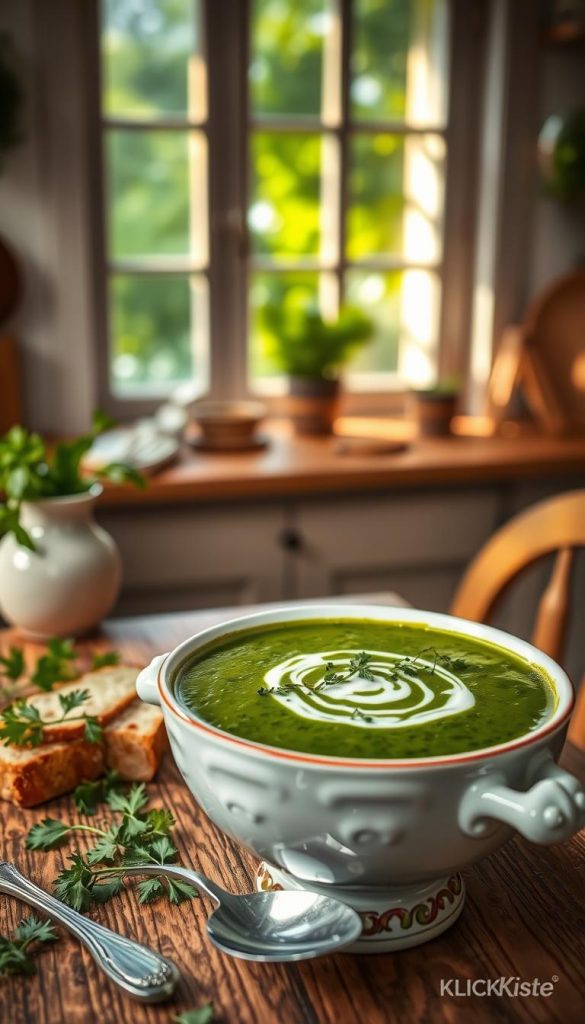 A cozy kitchen scene featuring a rich, velvety green veggie soup in an elegant bowl, garnished with fresh herbs and a swirl of cream on top. In the foreground, a wooden table adorned with sprigs of parsley, a slice of crusty bread, and a small spoon rests beside the bowl. The middle layer showcases a soft-focus background of a sunlit window with gentle rays casting warm light, highlighting the vibrant greens of leafy vegetables like spinach and kale easily visible in the soup. The atmosphere is inviting and nurturing, perfect for cool spring evenings. The color palette emphasizes natural warm tones, creating a soothing ambiance. Capture the essence of natural DIY with a Pinterest-inspired aesthetic, branded with "KlickKiste."