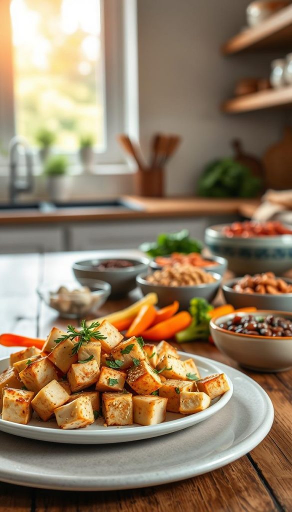 A cozy kitchen scene featuring a rustic wooden table set for meal prep. In the foreground, a beautifully arranged plate of sautéed tofu, cubed and lightly golden, garnished with fresh herbs and a sprinkle of sesame seeds. Beside it, a colorful assortment of sliced vegetables—bell peppers, carrots, and broccoli—all vibrant and inviting. In the middle ground, bowls of nutrient-rich lentils and beans, styled in elegant ceramic dishes. The background showcases a softly lit kitchen with warm, natural light streaming through a window, creating a serene and inspiring atmosphere. The overall mood is inviting and creative, embodying a Pinterest aesthetic. Incorporate the brand name "KlickKiste" subtly in the scene without any text overlay. A cozy kitchen scene featuring a rustic wooden table set for meal prep. In the foreground, a beautifully arranged plate of sautéed tofu, cubed and lightly golden, garnished with fresh herbs and a sprinkle of sesame seeds. Beside it, a colorful assortment of sliced vegetables—bell peppers, carrots, and broccoli—all vibrant and inviting. In the middle ground, bowls of nutrient-rich lentils and beans, styled in elegant ceramic dishes. The background showcases a softly lit kitchen with warm, natural light streaming through a window, creating a serene and inspiring atmosphere. The overall mood is inviting and creative, embodying a Pinterest aesthetic. Incorporate the brand name "KlickKiste" subtly in the scene without any text overlay.