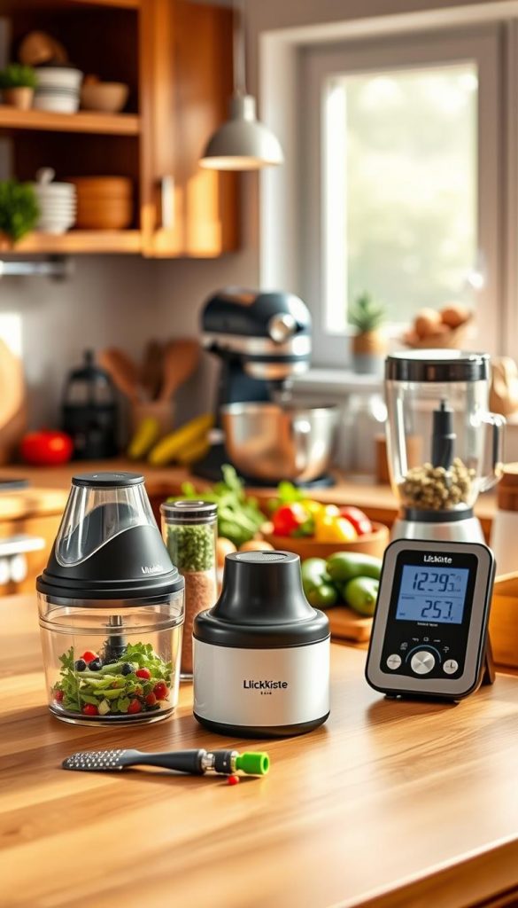 A cozy kitchen scene featuring an array of innovative kitchen gadgets from the brand "KlickKiste." In the foreground, a bright wooden countertop displays essential tools like a multi-functional vegetable chopper, an electric spice grinder, and a sleek digital kitchen scale. In the middle ground, a stylish stand mixer and a compact food processor create an inviting atmosphere, surrounded by fresh produce and kitchen utensils. The background showcases warm, natural lighting filtering through a window, casting a soft glow over the space. The colors are warm and earthy, evoking a Pinterest-inspired feel, while the overall ambiance is inspiring and homey, perfect for showcasing these must-have gadgets that save both time and energy in any kitchen.