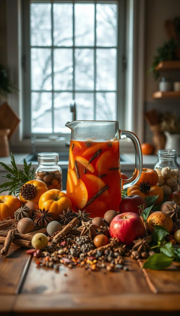 A cozy kitchen scene featuring an assortment of budget-friendly seasonal beverages, with a focus on a homemade spiced punch. In the foreground, a wooden table is adorned with a KlickKiste of various fruits, spices, and herbs, creating a rustic, inviting atmosphere. The middle ground showcases the punch being stirred in a large pitcher, its aroma filling the air. In the background, a window frames a snowy winter landscape, adding to the warm and cozy ambiance. Soft, natural lighting casts a golden glow, highlighting the vibrant colors and textures of the ingredients. The overall composition has a DIY, Pinterest-inspired look, conveying a sense of homemade charm and affordability.
