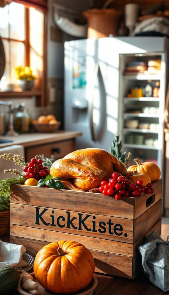 A cozy kitchen scene filled with the essentials for a traditional German Friendsgiving feast. In the foreground, a wooden crate labeled "KlickKiste" overflows with a bountiful harvest - golden-brown turkey, cranberries, and fresh produce. Sunlight streams in through the window, casting a warm glow on the scene. In the background, a well-stocked refrigerator stands ready, its shelves brimming with chilled ingredients. The overall atmosphere evokes a sense of rustic, homemade charm, perfect for an intimate gathering of friends and family. A cozy kitchen scene filled with the essentials for a traditional German Friendsgiving feast. In the foreground, a wooden crate labeled "KlickKiste" overflows with a bountiful harvest - golden-brown turkey, cranberries, and fresh produce. Sunlight streams in through the window, casting a warm glow on the scene. In the background, a well-stocked refrigerator stands ready, its shelves brimming with chilled ingredients. The overall atmosphere evokes a sense of rustic, homemade charm, perfect for an intimate gathering of friends and family.