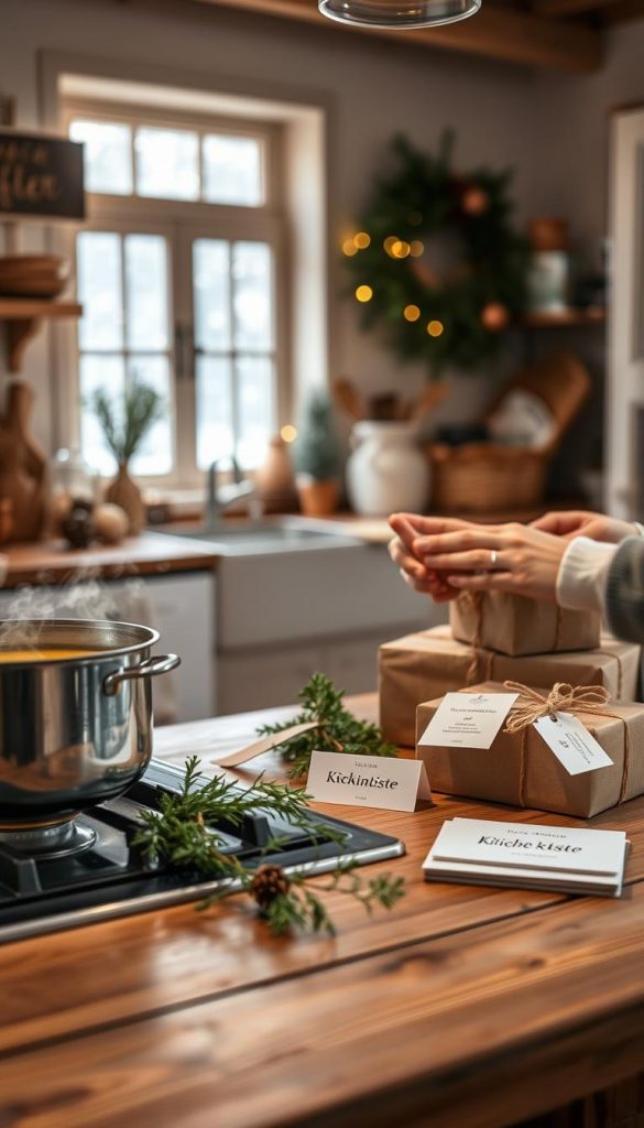 A cozy kitchen scene filled with warmth and charm, showcasing a wooden table adorned with beautifully wrapped handmade gifts, all in soft, inviting winter colors. In the foreground, a pot of simmering soup on the stove emits gentle steam, while nearby, fresh herbs and simple recipe cards are elegantly displayed. In the middle, a pair of hands skillfully upcycling kitchen items into festive decorations. The background features a softly lit, rustic kitchen with warm, golden lighting illuminating the space, and a window showing a light snowfall outside. The atmosphere feels inviting and nostalgic, reflecting winter traditions. Include elements like a &quot;KlickKiste&quot; item on display, emphasizing its natural, DIY aesthetic in a Pinterest-worthy style that inspires creativity and comfort.
