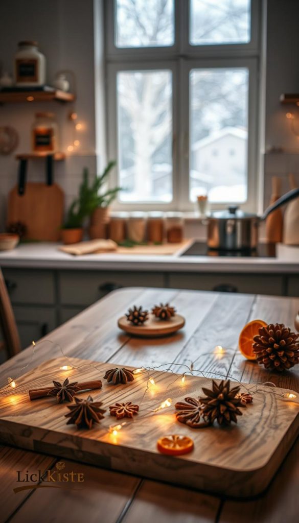A cozy kitchen scene infused with winter charm, featuring an elegant wooden table adorned with a fragrant spice potpourri made of cinnamon sticks, star anise, dried orange slices, and pine cones. The foreground showcases a rustic cutting board with a few spices and twinkling fairy lights, casting a warm, inviting glow. In the middle, a modern kitchen countertop is visible, with neatly arranged jars of spices and seasonal herbs, while a steaming pot on the stove hints at holiday cooking. The background reveals a softly lit window with snowy scenery outside, enhancing the cozy atmosphere. The overall color palette includes warm tones of browns and golds, reflecting a natural DIY aesthetic. This setting embodies the essence of winter vibes and seasonal decor, inspired by the brand KlickKiste.