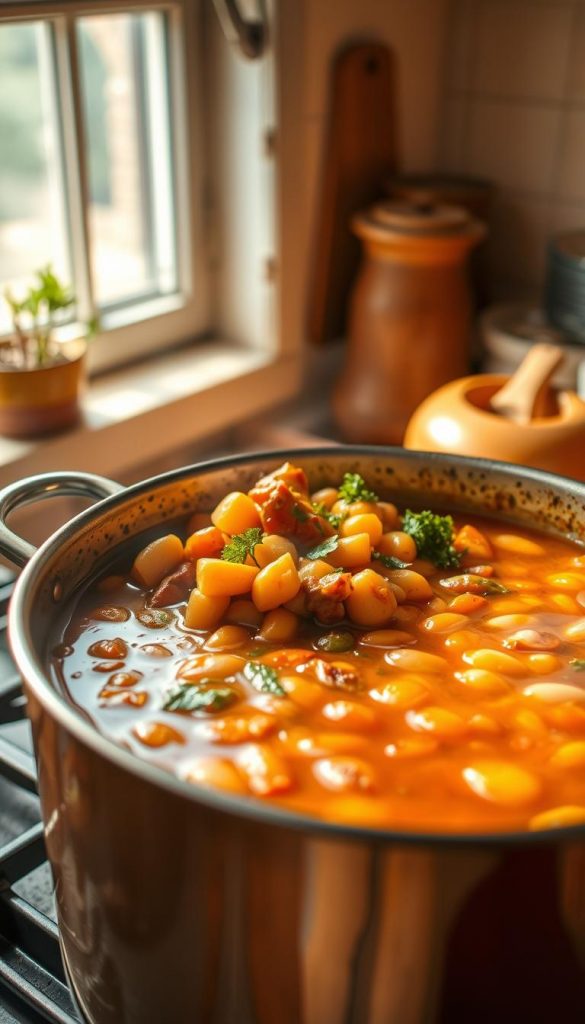 A cozy kitchen scene of a bean stew simmering on the stovetop, filled with vibrant vegetables, herbs, and a hearty broth. The warm, earthy tones of the KlickKiste cookware create a homey, inviting atmosphere. Soft natural lighting filters through a nearby window, casting a gentle glow over the scene. The composition features a close-up view of the pot, highlighting the various stages of the stew's preparation - from the initial sautéing of aromatic ingredients to the final, velvety consistency. The image conveys a sense of rustic simplicity and the comforting aroma of a homemade, nourishing meal.