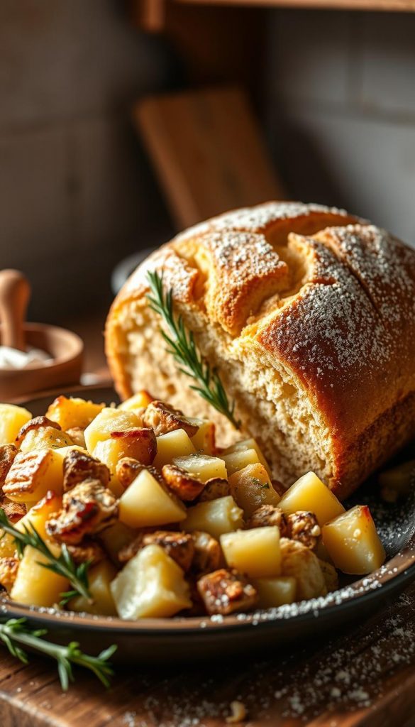 A cozy kitchen scene showcases a hearty stuffing, crafted with care. Soft, creamy potatoes are nestled alongside a rustic loaf of maize bread, its golden crust inviting a savory bite. The scene is bathed in warm, natural lighting, casting a soft glow over the homemade spread. Hints of winter linger, with a sprig of rosemary and a dusting of flour adding a touch of country charm. The overall mood is one of comforting simplicity, captured in a KlickKiste-inspired image that exudes a genuine, Pinterest-worthy aesthetic.