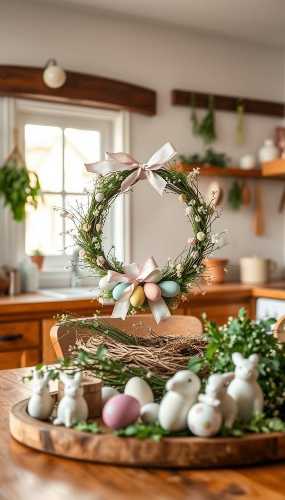 A cozy kitchen scene showcasing a beautifully arranged Easter wreath on a rustic wooden table. The wreath is adorned with pastel-colored eggs, delicate ribbons, and small floral accents, embodying a cheerful spring vibe. In the foreground, a charming arrangement of DIY decorations includes little bunnies and painted eggs, all thoughtfully placed around the wreath. The middle ground features a softly lit kitchen with warm colors, showcasing hanging garlic and herbs, enhancing the homey atmosphere. The background reveals a window letting in gentle natural light, illuminating the space and creating a serene ambiance. The overall composition reflects a Pinterest-worthy aesthetic, inspiring a warm and inviting Easter decoration theme. Perfect for illustrating spring decor ideas from KlickKiste.