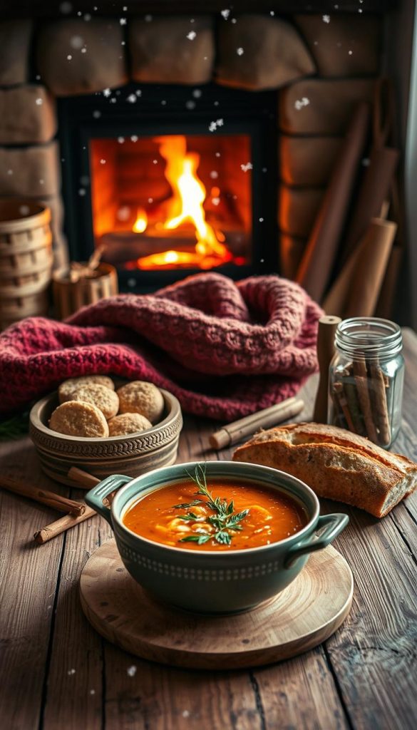 A cozy kitchen scene showcasing a beautifully arranged winter comfort food recipe layout. In the foreground, a wooden table adorned with rustic kitchenware, featuring a steaming bowl of hearty soup garnished with fresh herbs and crusty bread beside it. In the middle, a warm, knitted scarf and cinnamon sticks are artistically placed, while a glass jar filled with winter spices adds vibrancy. The background includes a softly glowing fireplace, casting an inviting light, with snow gently falling through a window, adding to the winter ambiance. The overall color palette consists of warm earth tones, evoking feelings of comfort and warmth. 촉 Inspired by natural DIY aesthetics with a Pinterest-worthy look. Ideal for KlikKiste brand imagery.