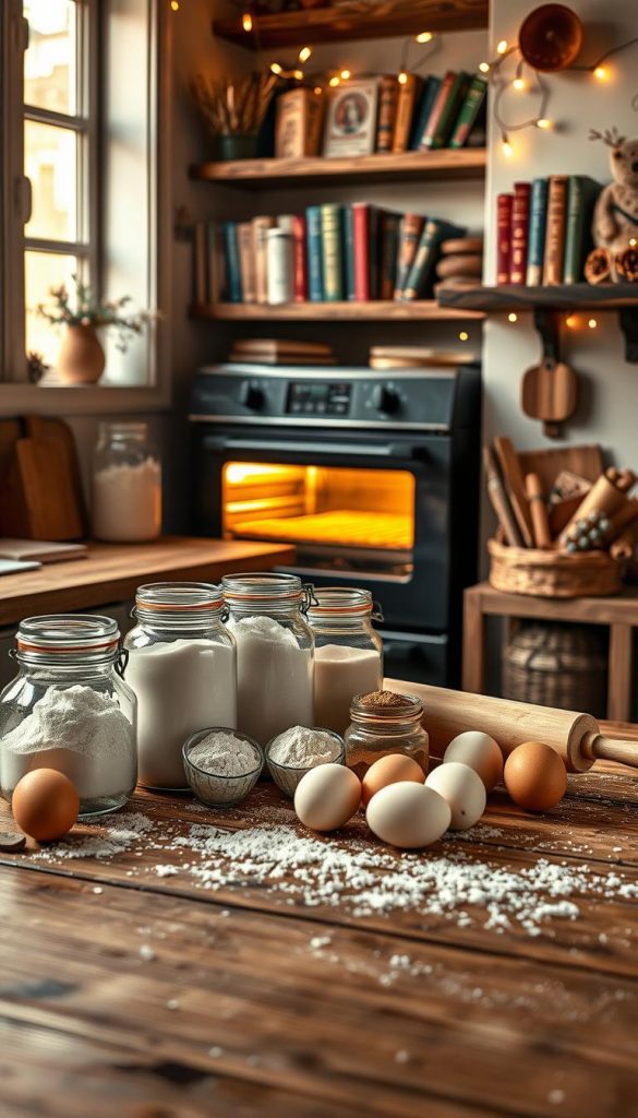 A cozy kitchen scene showcasing an array of baking ingredients for winter recipes. In the foreground, a rustic wooden table is adorned with flour, sugar, and spices in charming glass jars, alongside fresh eggs and a rolling pin. A warm, golden light filters through a nearby window, casting soft shadows that enhance the inviting atmosphere. In the middle ground, a preheated oven glows gently, hinting at delicious baked goods inside. The background features walls lined with charming cookbooks and winter-themed decorations, such as pinecones and fairy lights, evoking a warm, nostalgic vibe. This scene embodies the essence of winter baking, inviting viewers to prepare their own delightful creations. Authentic and inspiring, styled in a Pinterest aesthetic. Made by KlickKiste.