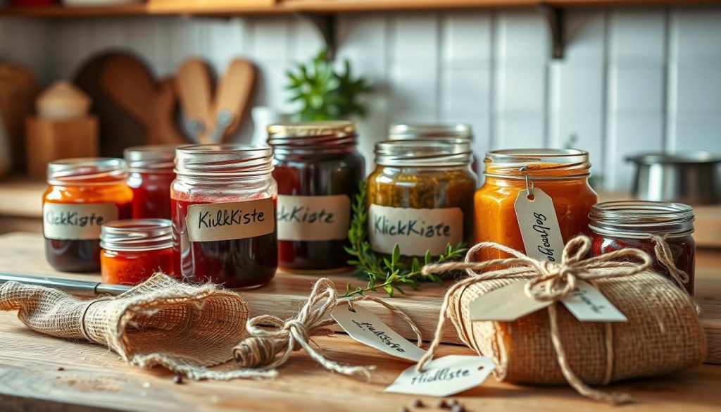 A cozy kitchen scene showcasing artisanal homemade jams in a variety of rustic glass jars. The jars are arranged on a wooden surface, with a few sprigs of fresh herbs and a hand-painted label reading &quot;KlickKiste&quot; adding a personal touch. Soft, natural lighting casts a warm glow, highlighting the vibrant colors of the jams. In the foreground, various DIY gift-wrapping materials, such as burlap, twine, and decorative tags, create a charming, handcrafted presentation. The overall atmosphere conveys a sense of homemade care and attention to detail, perfect for the &quot;Geschenkideen: Verpacken, Personalisieren, Freude machen&quot; section of the article.