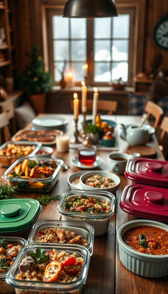 A cozy kitchen scene showcasing beautifully arranged meal-prep meals, featuring colorful and nutritious dishes such as roasted vegetables, grilled chicken, quinoa salad, and hearty soups. In the foreground, ceramic containers with vibrant lids display these meals, surrounded by fresh herbs and ingredients. The middle ground reveals a rustic wooden table set for dinner, adorned with soft, plaid tableware, flickering candles, and a steaming cup of herbal tea, evoking warmth and comfort. In the softly lit background, a window reveals a gentle snowfall, adding to the winter ambiance. The lighting is warm and inviting, with a touch of romantic glow, creating a Pinterest-worthy aesthetic. The image should reflect the brand "KlickKiste" through its natural DIY style, making it authentic and inspiring.