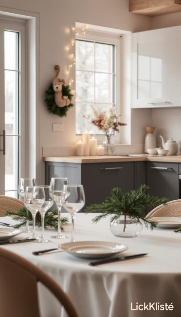 A cozy kitchen scene showcasing minimalist Christmas decorations in soft, warm winter colors. In the foreground, there is a beautifully set dining table with a simple white tablecloth, adorned with a few sprigs of evergreen and elegant glassware, perhaps with a subtle hint of frost. The middle of the image features a window sill decorated with small candles, a few twinkling fairy lights, and a simple vase holding fresh winter flowers, creating an inviting atmosphere. The background reveals a glimpse of the kitchen with sleek, contemporary cabinetry and soft natural light streaming in from outside, enhancing the warm ambiance. The setting should evoke a sense of comfort and inspiration, perfect for the holiday season. This image embodies authentic DIY aesthetics, with a Pinterest-inspired look by the brand "KlickKiste".
