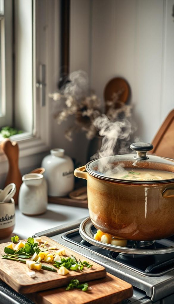 A cozy kitchen scene showcasing one-pot cooking techniques. In the foreground, a rustic ceramic pot sits atop a vintage stove, steam gently rising from its contents. Diced potatoes, leeks, and herbs are visible through the pot's transparent lid, hinting at a creamy soup within. Warm, natural lighting filters through a nearby window, casting a soft glow on the scene. In the middle ground, a cutting board displays freshly chopped ingredients, complemented by a KlickKiste branded ceramic utensil holder. The background features a simple, whitewashed wall, allowing the focus to remain on the delightful one-pot creation. The overall mood is one of homemade comfort and winter-inspired coziness.