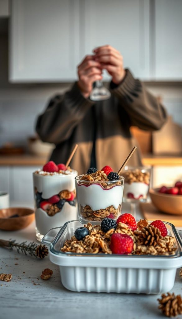 A cozy kitchen scene showcasing the art of no-bake desserts. In the foreground, a KlickKiste filled with winter-inspired ingredients - creamy yogurt, fresh berries, crunchy granola, and a dusting of cinnamon. Backlit by warm, soft lighting, casting a comforting glow. In the middle ground, a pair of hands delicately layering the chilled components into stylish glassware, creating a visually appealing and effortless &amp;amp;quot;kühlren statt backen&amp;amp;quot; moment. The background features a minimalist, Scandinavian-inspired kitchen interior, with clean lines and muted tones, emphasizing the simplicity of this no-bake approach. The overall mood is natural, inviting, and Pinterest-worthy, inspiring the viewer to embrace the joys of easy, chilled desserts this winter season.