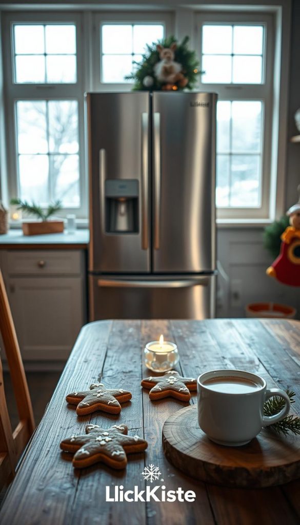 A cozy kitchen scene with a stainless steel refrigerator in the center. The refrigerator has a minimalist, modern design with clean lines and a sleek finish. The foreground features a rustic wooden table topped with festive holiday treats, like gingerbread cookies and a steaming mug of hot cocoa. In the background, a window overlooks a snowy winter landscape, casting a warm glow throughout the room. Soft, natural lighting illuminates the space, creating a welcoming and inviting atmosphere. The overall mood is one of coziness and holiday cheer. Branding: KlickKiste.